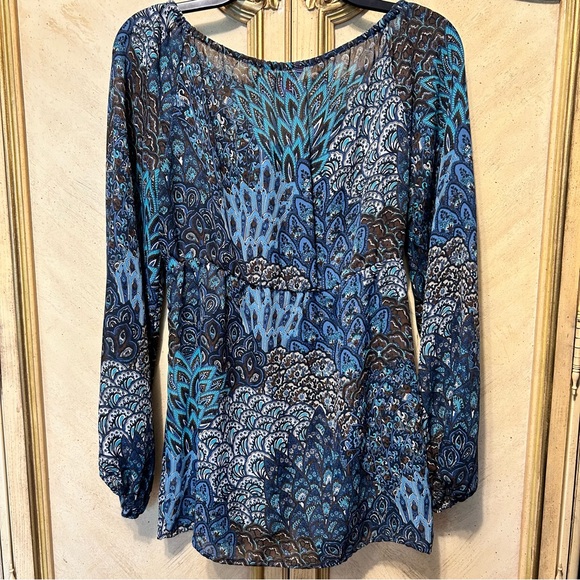 Sunny Leigh M Blue multi Boho Floral Peacock sheer Tie Front Blouse - Picture 3 of 3
